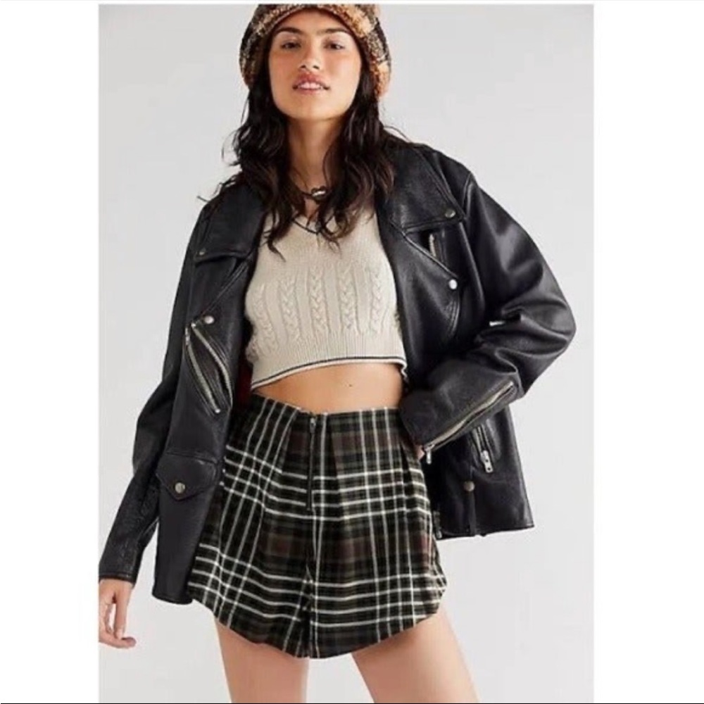 FREE PEOPLE Mayfair Pleated Plaid Shorts Evergreen Combo